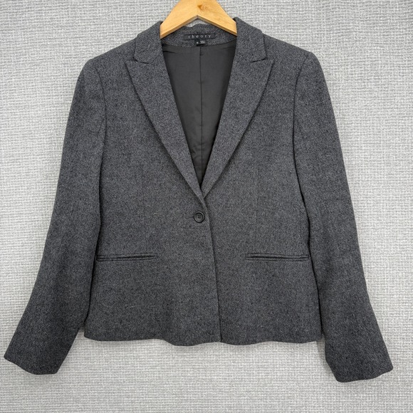 Theory Gray Wool Blend Blazer Jacket Women's Sz 10 Career Business Preppy Office - Picture 1 of 10